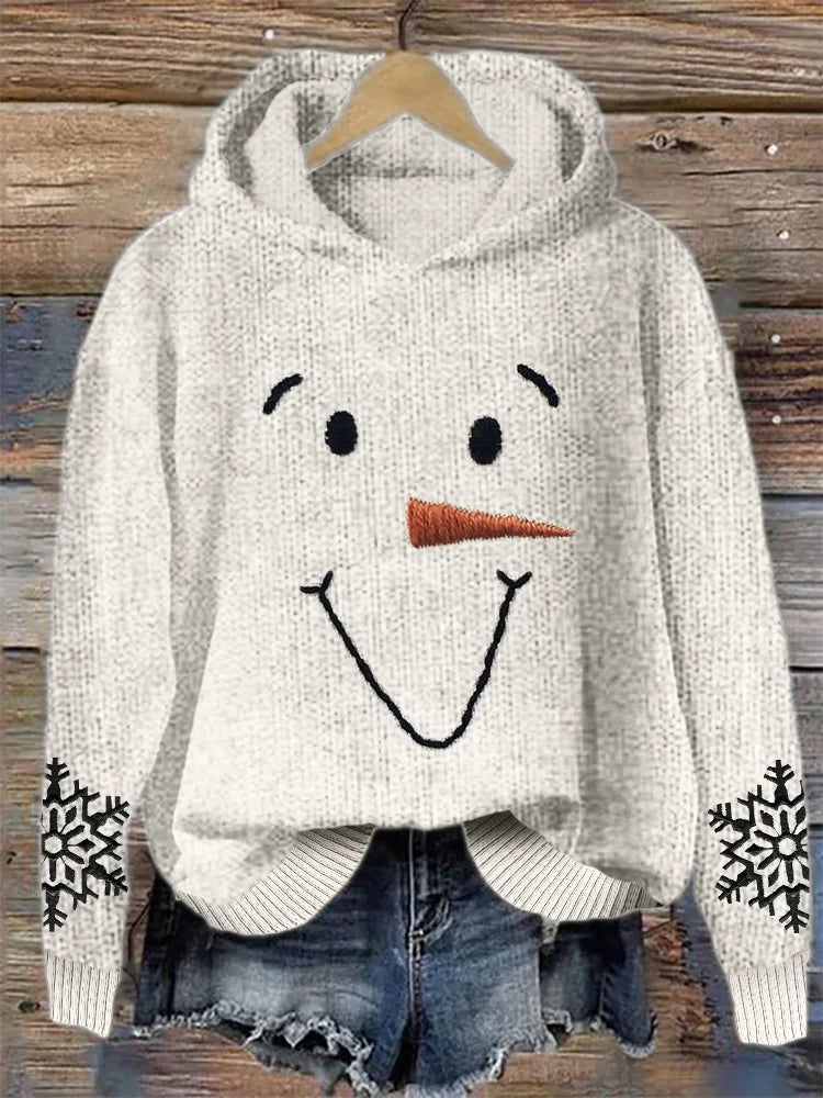 Frozen - Mooie gebreide sweater met capuchon, sneeuwpopgezicht en sneeuwvlokkenborduursel