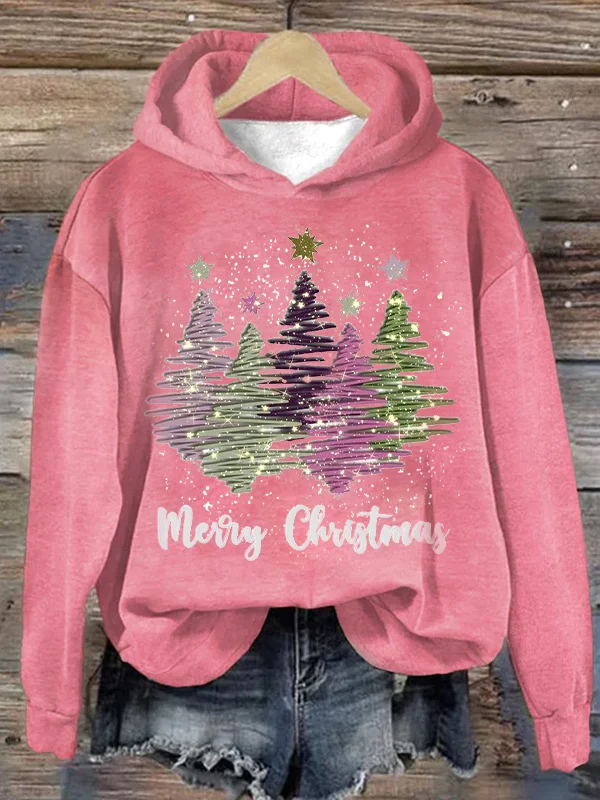 Dames Sweatshirt met capuchon en vrolijke kerstboomprint