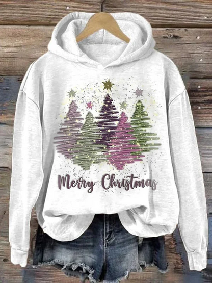 Dames Sweatshirt met capuchon en vrolijke kerstboomprint