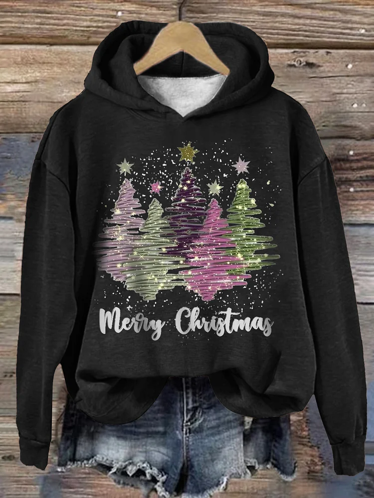 Dames Sweatshirt met capuchon en vrolijke kerstboomprint