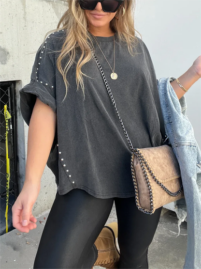 Gewassen Oversized T-Shirt met Oprolbare Studs