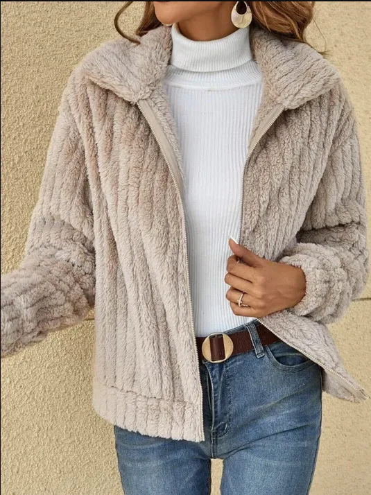 Korte jas met rits en revers Warme winter fleecejas met rits Casual bovenjas