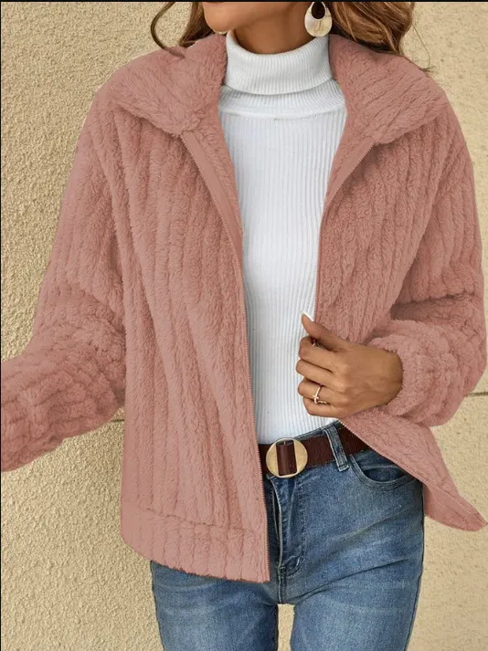 Korte jas met rits en revers Warme winter fleecejas met rits Casual bovenjas