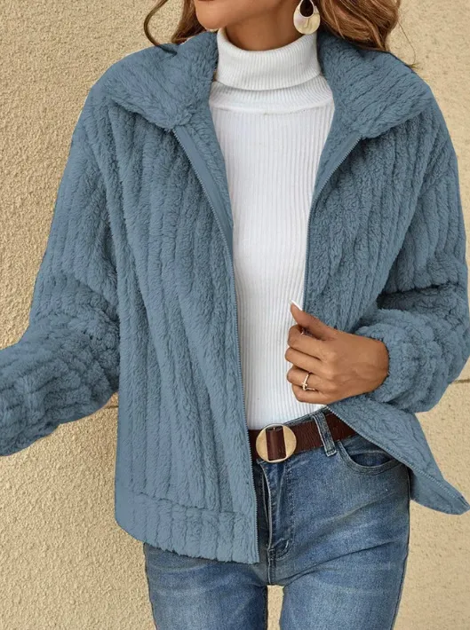 Korte jas met rits en revers Warme winter fleecejas met rits Casual bovenjas