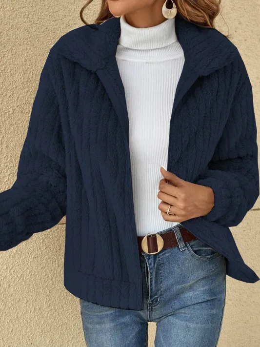 Korte jas met rits en revers Warme winter fleecejas met rits Casual bovenjas