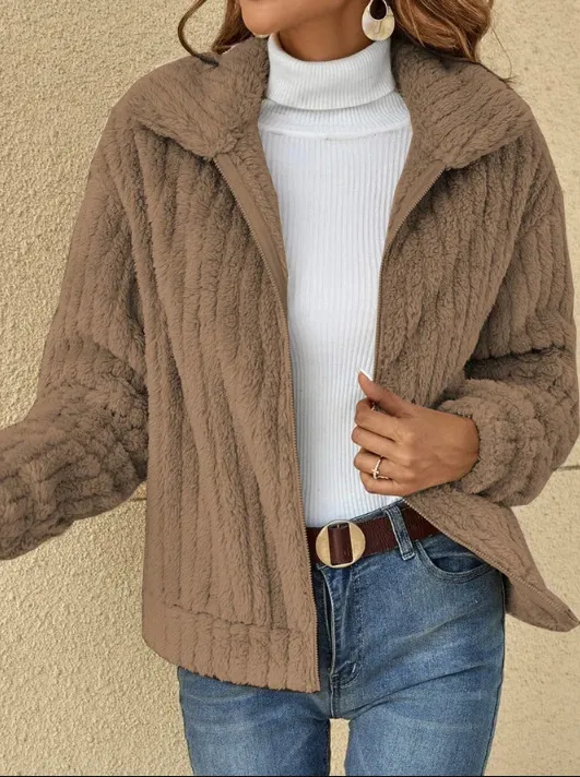 Korte jas met rits en revers Warme winter fleecejas met rits Casual bovenjas