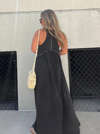 Eenvoudige casual losse lange maxi-jurk met split