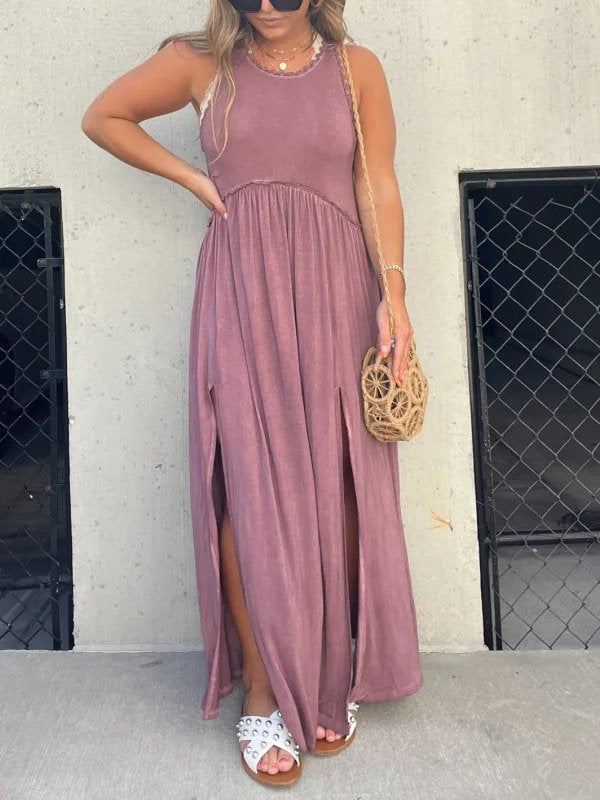 Eenvoudige casual losse lange maxi-jurk met split