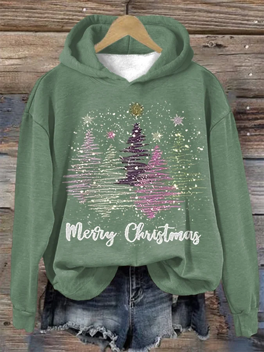 Dames Sweatshirt met capuchon en vrolijke kerstboomprint