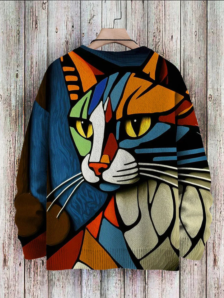 Jake - Casual gebreide trui met veelkleurige abstracte kattenprint